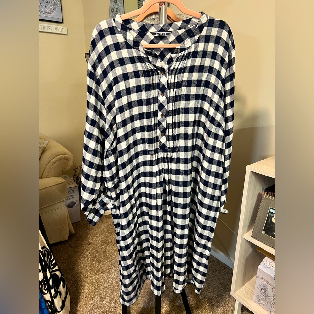 Lands' End Navy and White Plaid Flannel Dress 26W